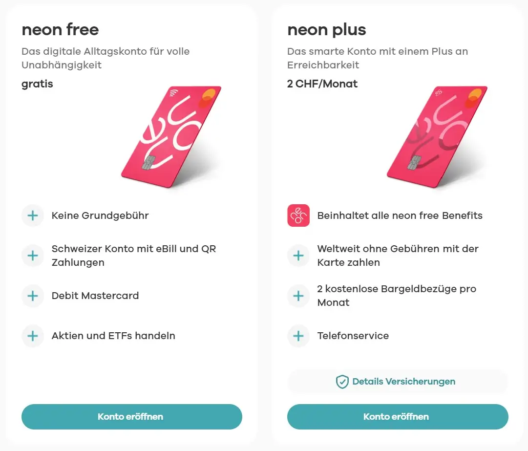 Neon Pläne Free und Plus