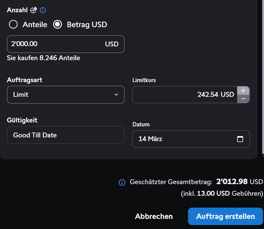 Swissquote Gebühren Kauf Tesla an der NYSE