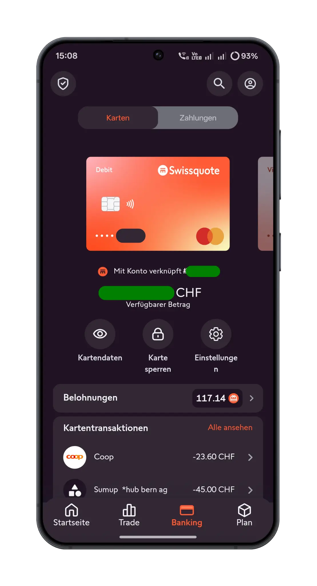 Swissquote Mobile Banking App und Debitkarte