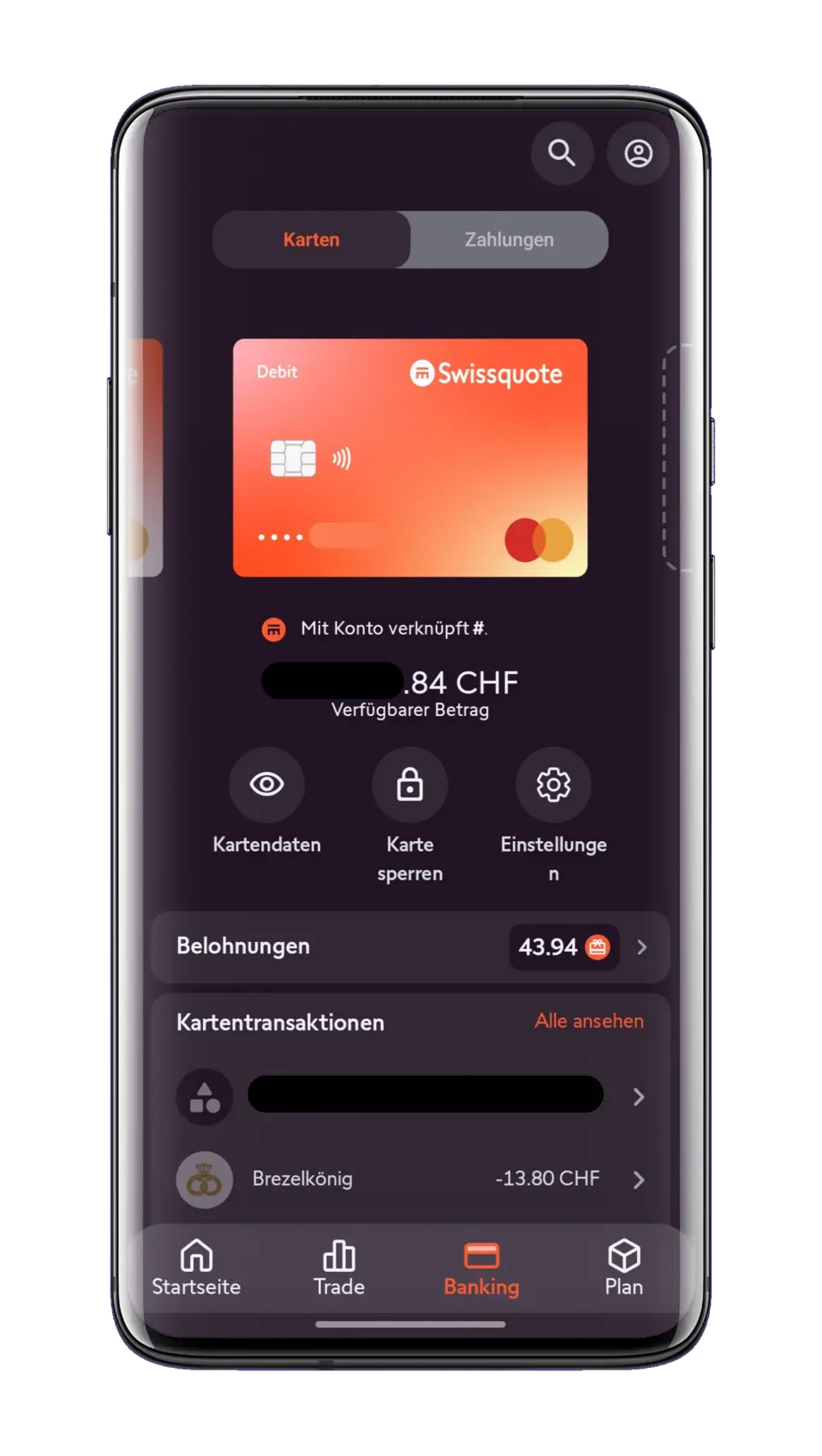 Übersicht Karte,Transaktionen und Cashback