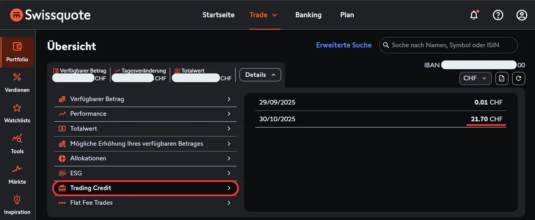Übersicht Swissquote Trading Credits