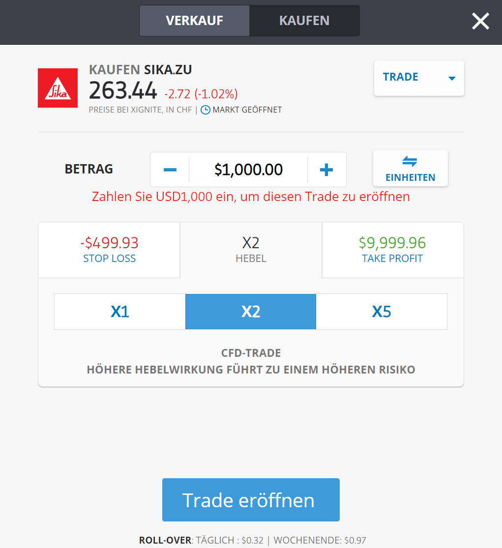 eToro Kauf eines CFD mit Spread